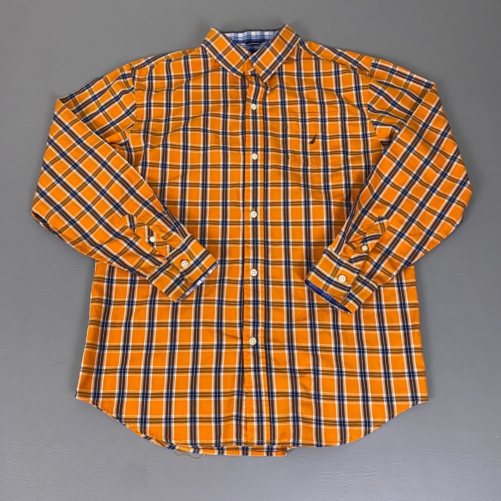 Nautica Button Up Shirt Boys Size XL 18/20 Orange Blue Plaid Long Sleeve